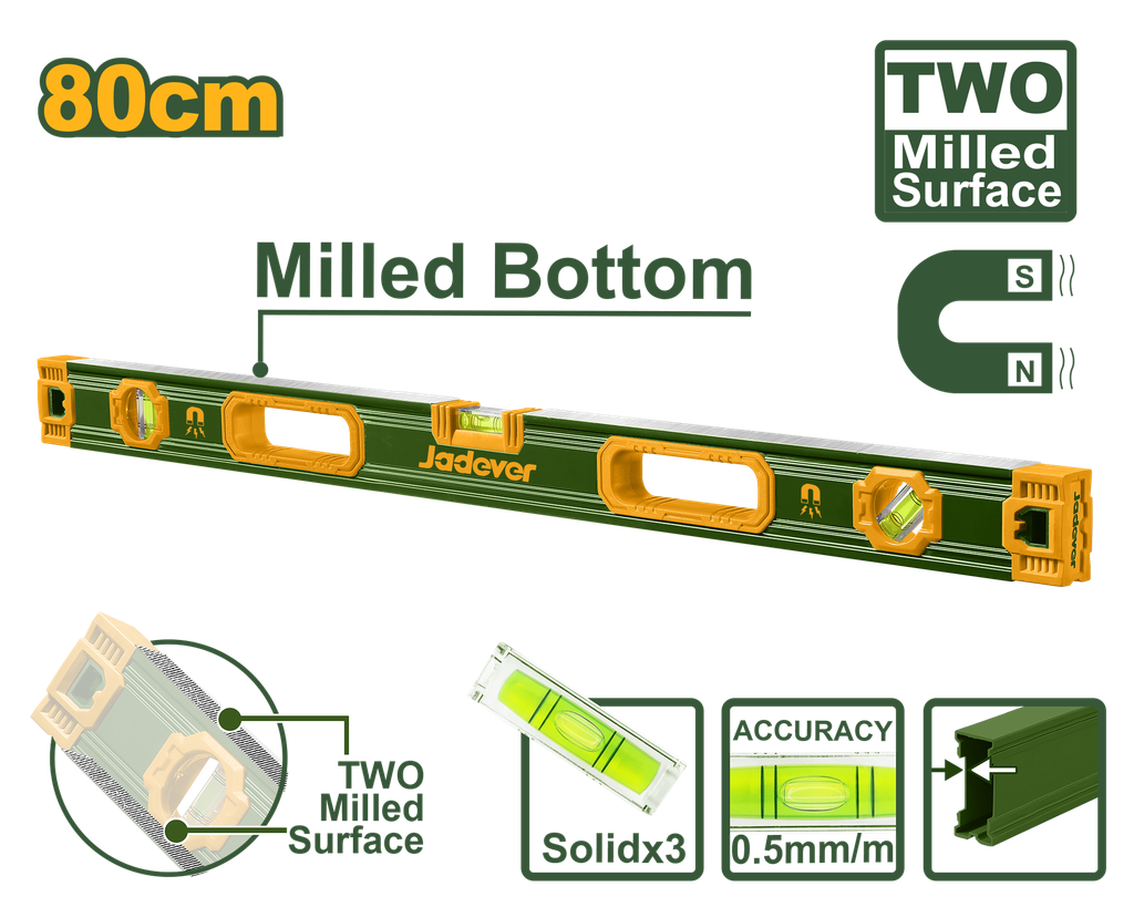 Nível de Mão com Ímãs Potentes 80cm - Jadever- Dupla Face Fresada com Precisão 0,5 mm/m