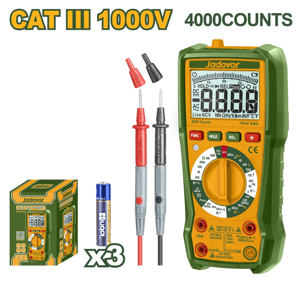 Multímetro Digital 1000V - Jadever - 4000 Contagens True RMS com Medição de Fase