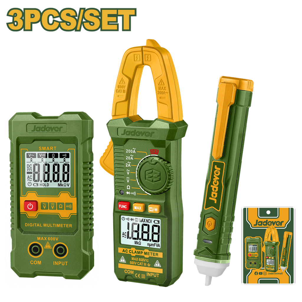 Kit de Teste Elétrico - Jadever - 3 Peças com Alicate Amperímetro, Multímetro Digital e Detector de Tensão