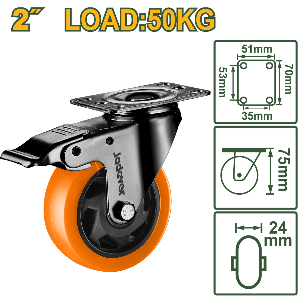 Roda Rígida 3" - Jadever - Carga 100kg com Rolamento de Esferas Duplas e Estrutura Galvanizada