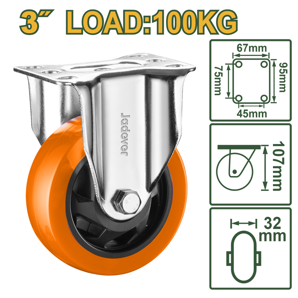 Roda Rígida 3" - Carga 100kg com Rolamento de Esferas Duplas e Estrutura Galvanizada