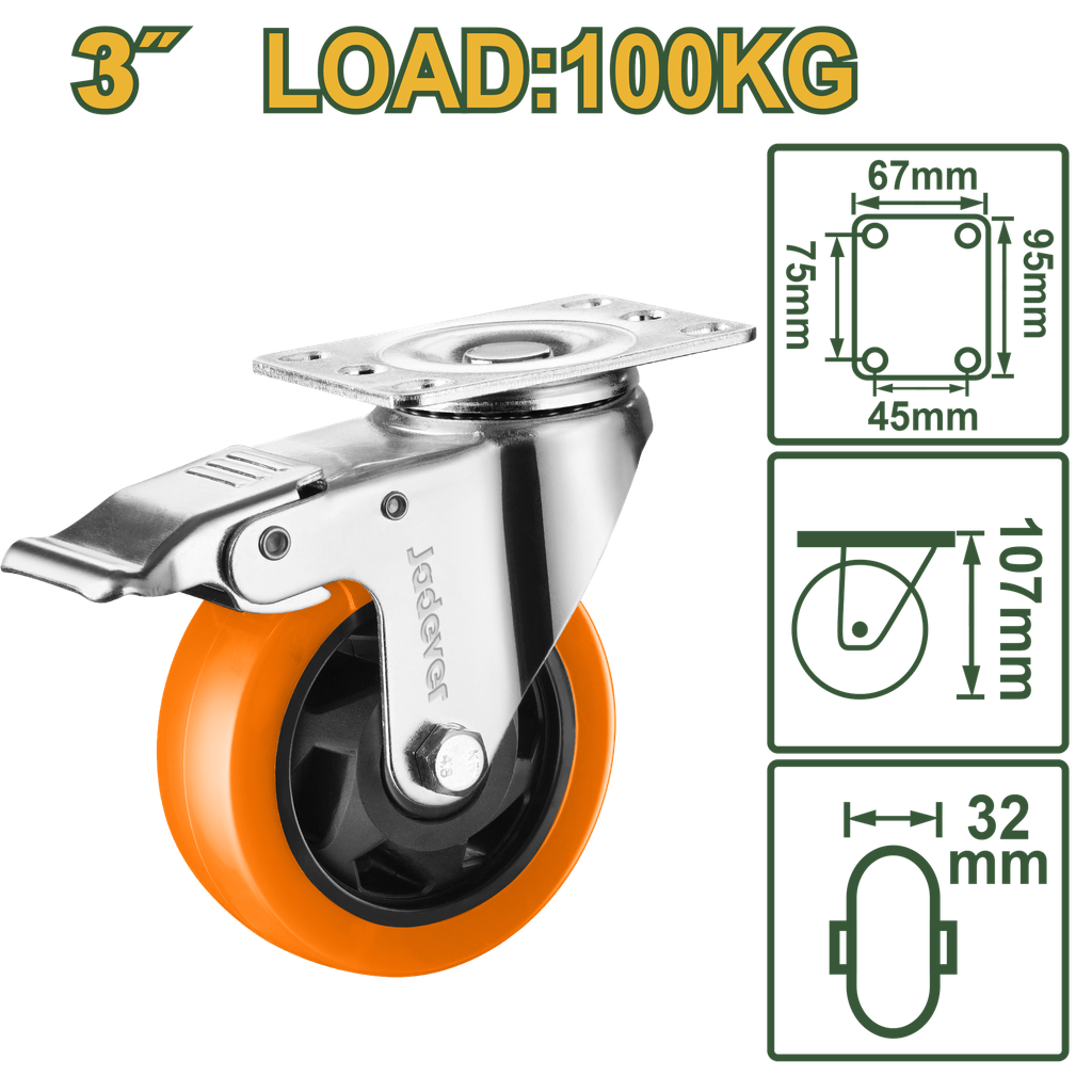 Roda Giratória 3" com Freio - Jadever -Carga 100kg com Rolamento de Esferas Duplas e Estrutura Galvanizada