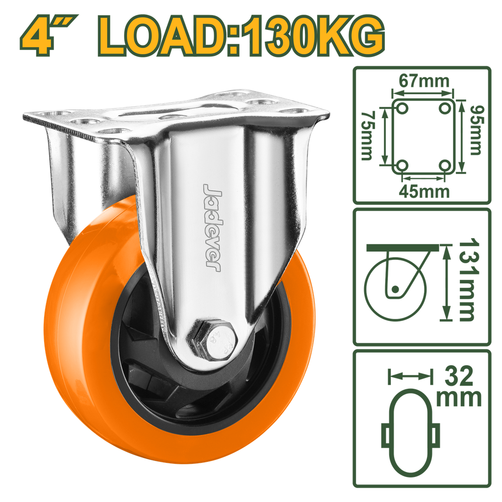 Roda Rígida 4" - Jadever - Carga 130kg com Rolamento de Esferas Duplas e Estrutura Galvanizada