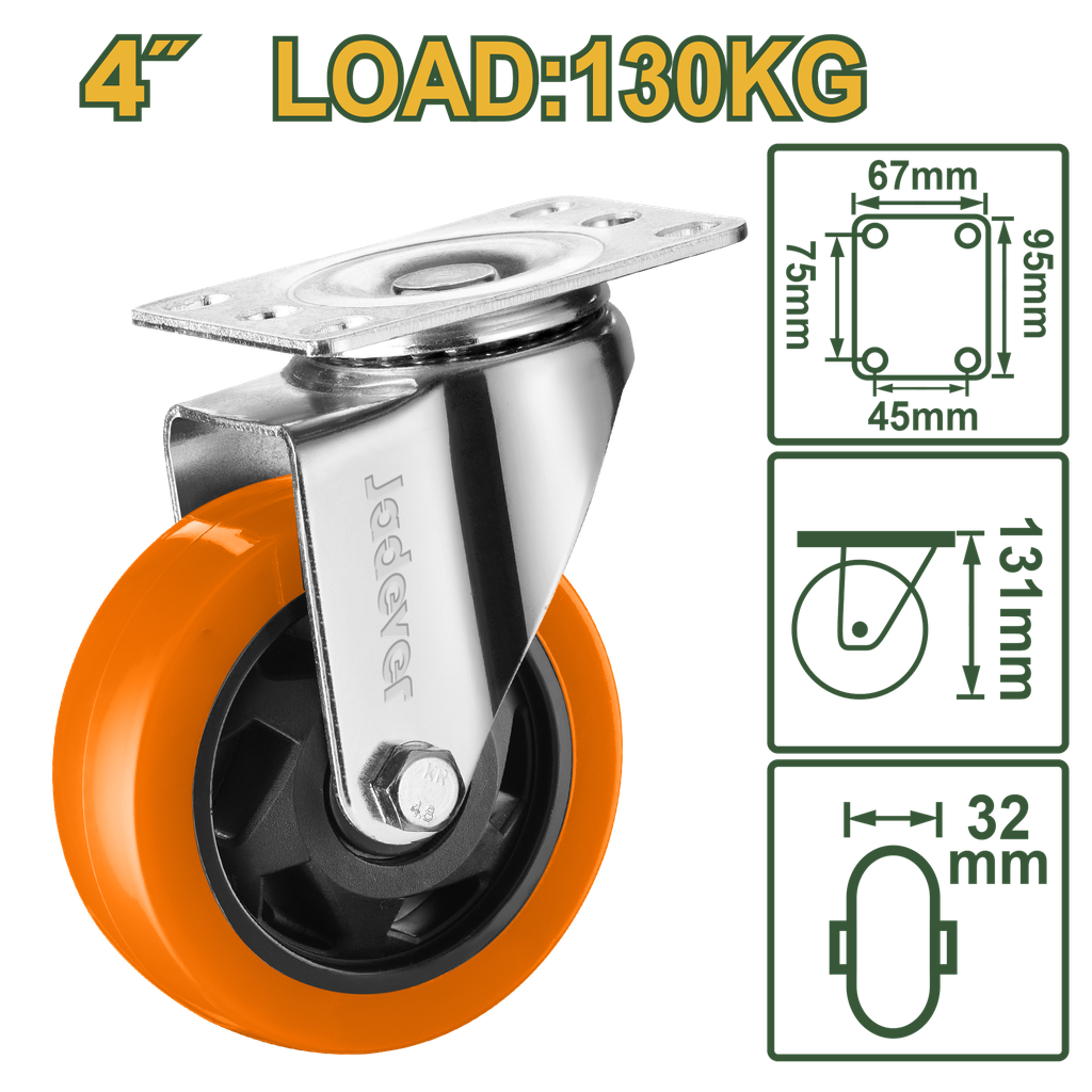 Roda Giratória 4" - Jadever - Carga 130kg com Rolamento de Esferas Duplas e Estrutura Galvanizada