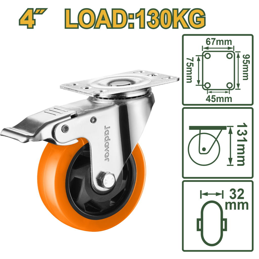 Roda Giratória 4" com Freio - Jadever - Carga 130kg com Rolamento de Esferas Duplas e Estrutura Galvanizada