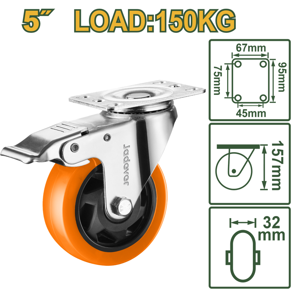Roda Giratória 5" com Freio - Jadever - Carga 150kg com Rolamento de Esferas Duplas e Estrutura Galvanizada