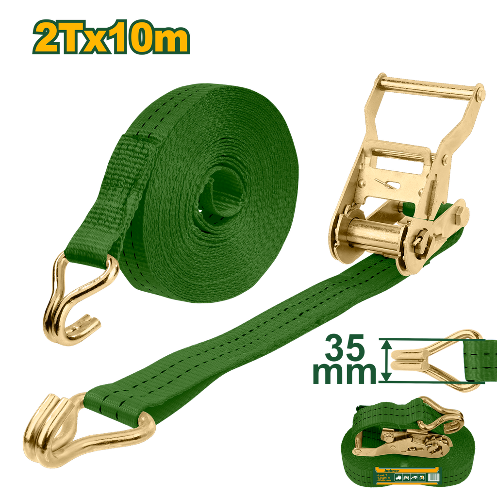 Correias de Amarração Jadever com Catraca  2T x 10m - Largura 35mm e Ganchos Duplos em J 