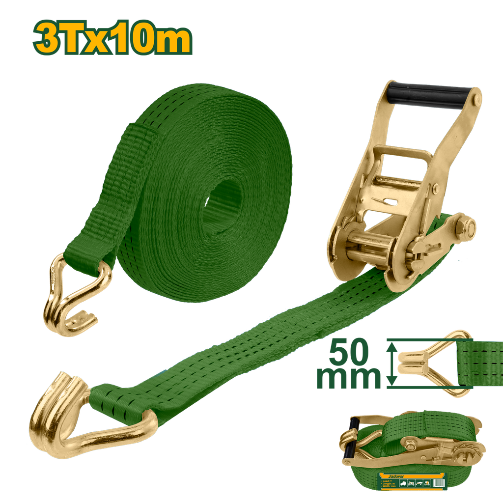 Correias de Amarração Jadever com Catraca  3T x 10m - Largura 50mm e Ganchos Duplos em J