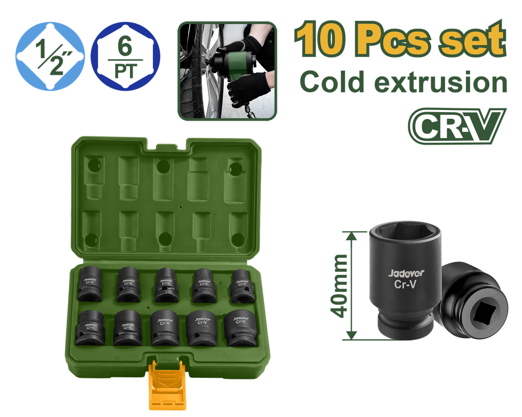 Jogo de Soquetes de Impacto Jadever 10 Peças 1/2" - Tamanhos 10 a 24mm em Cr-V