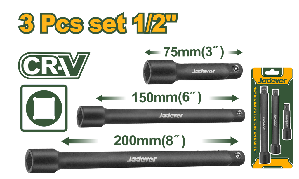 Jogo de Barras de Extensão de Impacto Jadever 1/2" - 3", 6" e 8" em Aço Cr-V