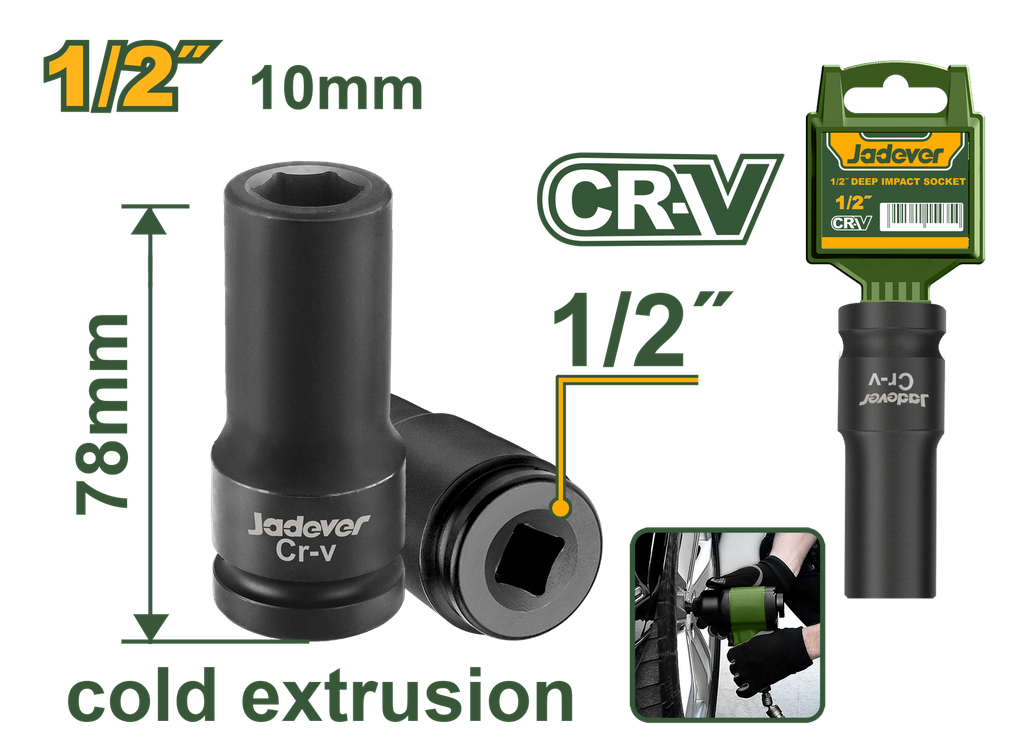 Soquete de Impacto 1/2" 10mm Jadever - Comprimento 78mm em Aço 50BV30