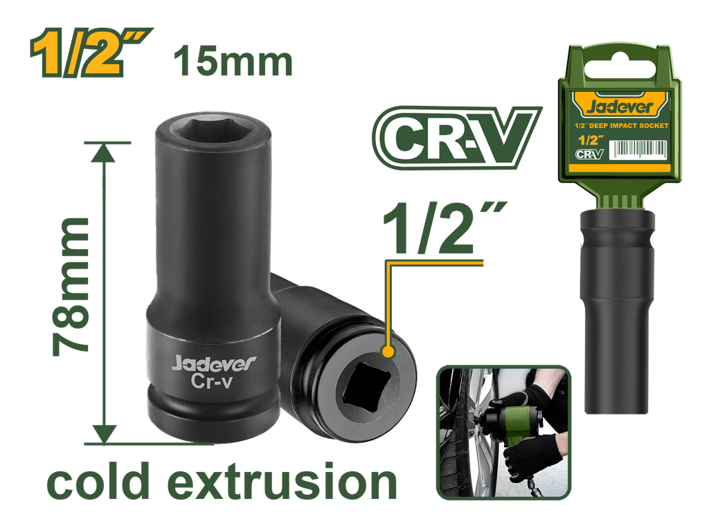 Soquete de Impacto 1/2" 15mm Jadever- Comprimento 78mm em Aço 50BV30