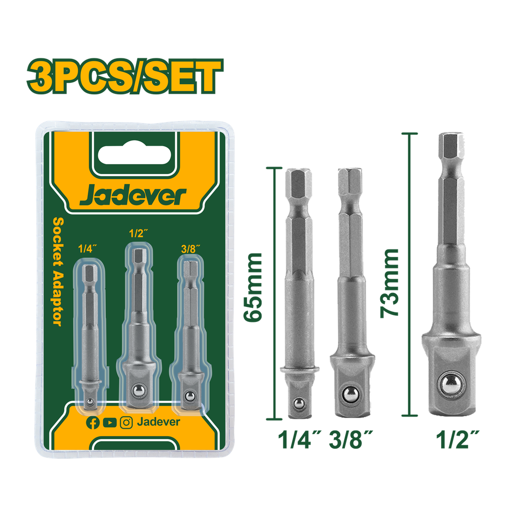 Adaptador de Soquete 3 Peças Jadever - Haste Hexagonal 1/4" com Comprimentos 65mm e 73mm
