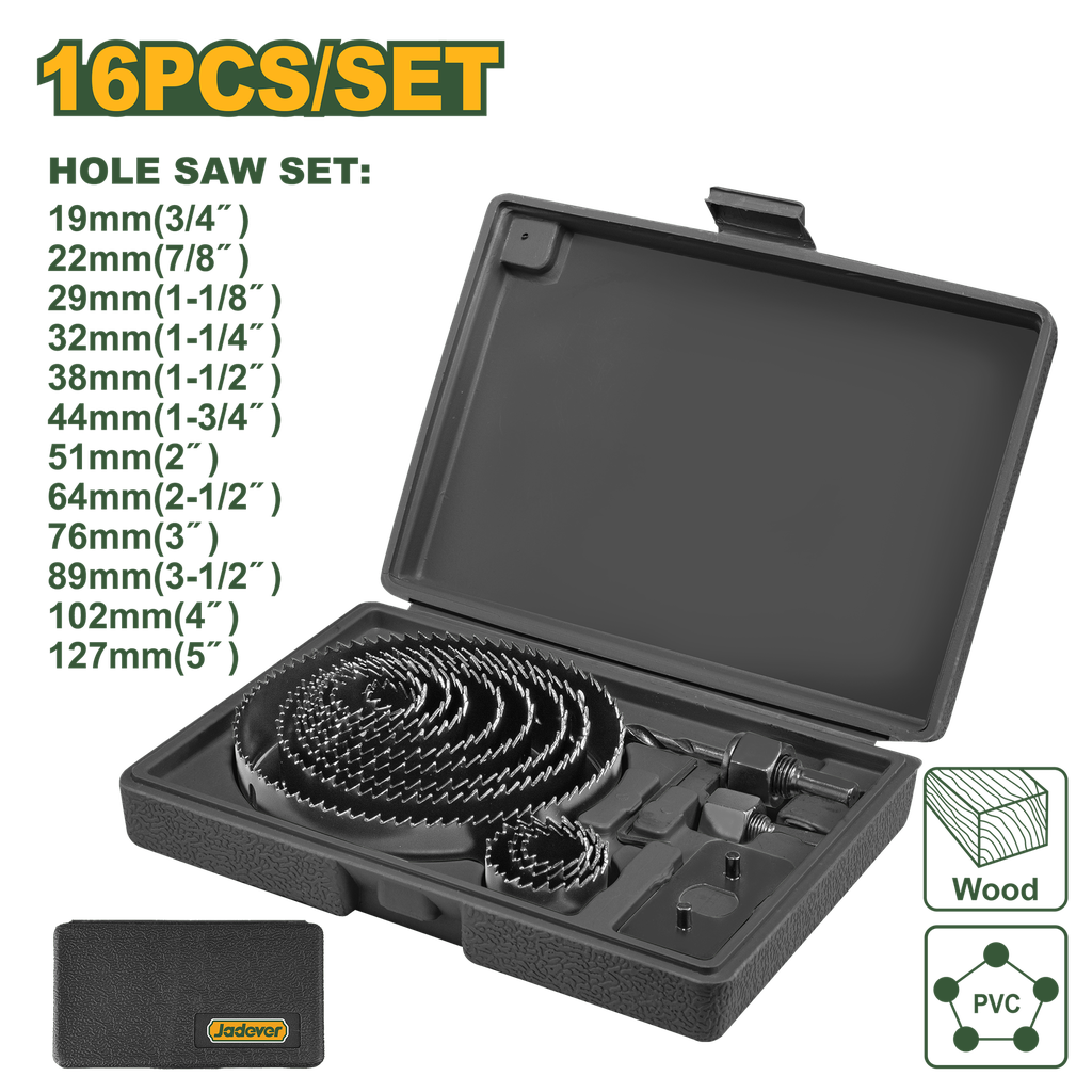 Jogo de Serras Copo de Aço Carbono 16 Peças - Diâmetros de 19mm a 127mm