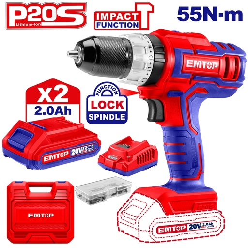 Parafusadeira a Bateria de Impacto 20v, 55NM, com 50 Peças de Acessórios