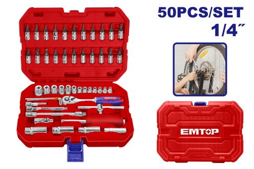 [ESKT14501] Kit soquete 50pcs 1/4"	"Conjunto de soquetes EMTOP 50 peças 1/4""