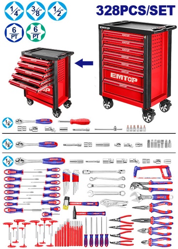 [EHTS03281] Kit Ferramentas com Carrinho 328 Peças - Caixa Organizadora Profissional