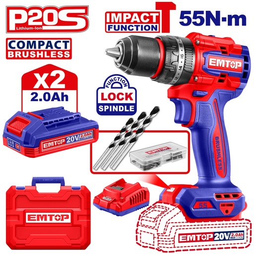 [ECIDL20558] Parafusadeira de Impacto Brushless 55Nm 20V - Kit com 2 Baterias 2,0Ah e 47 Acessórios