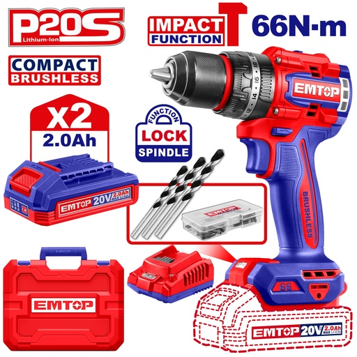 [ECIDL20668] Parafusadeira de Impacto Brushless 66Nm 20V - Kit com 2 Baterias 2,0Ah e 47 Acessório