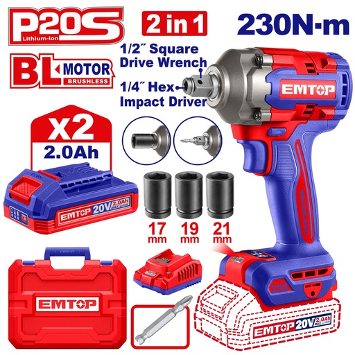 [ECIWL20236]  Chave de Impacto 1/2" e 1/4" (2 em 1) 20V - 230Nm com 2 Baterias 2,0 Ah 