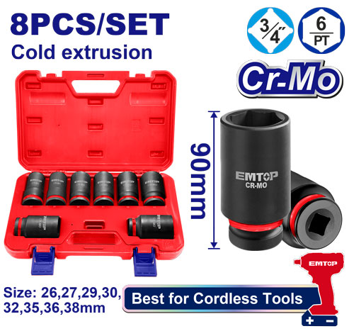 [EMSSD34082L] Kit de 8 Peças Soquetes Profundos de Impacto 3/4" - Cr-Mo para Uso Profissional 
