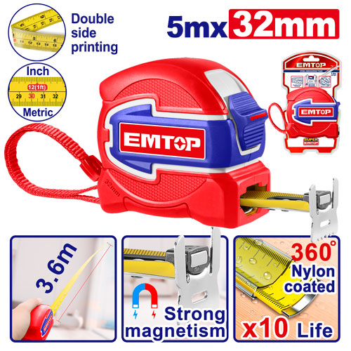 [EMTP80532] Fita Métrica de Aço (trena) 5m x 32mm - Dupla Face com Gancho Magnético 
