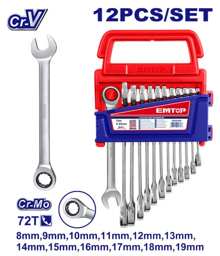 [ECSS101202] Jogo de Chaves de Catraca 12 Peças - Cr-V 8-19 mm com Acabamento Fino 