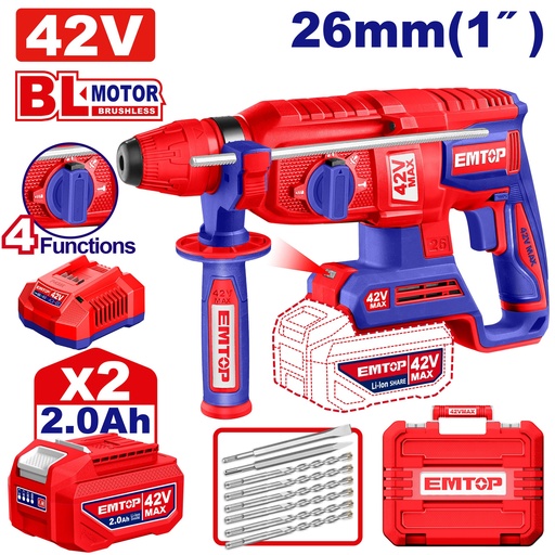 [ELRH422682] Martelo Perfurador Sem Fio 42V - SDS Plus 2.5J com 2 Baterias e Maleta 