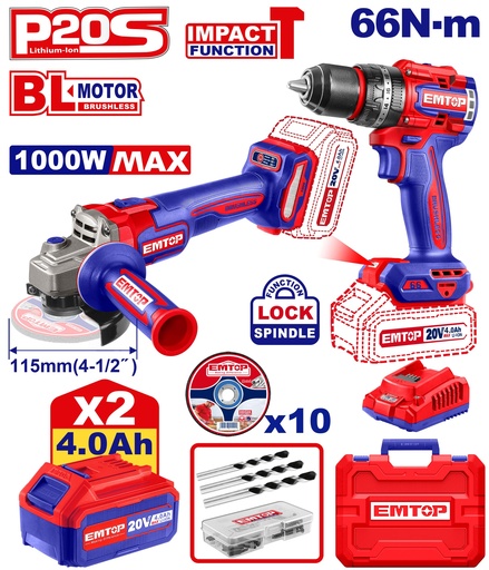 [ECKL20273] Kit Combinado sem Fio 2 Peças 20V - Esmerilhadora Angular e Furadeira de Impacto com 2 Baterias 4,0Ah 