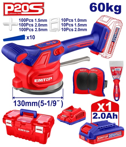 [EMTVM20018] Máquina de Vibração para Azulejos sem Fio 20V - Kit Completo com Acessórios e Bateria