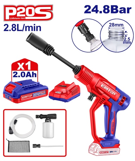 [ELPW20362] Hidrolavadora sem Fio 20V - 24,8 Bar com Bateria e Acessórios Completos