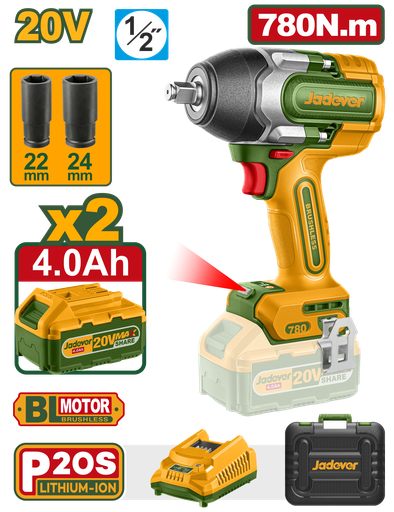 [JDCD1B78] Chave de Impacto JADEVER 780Nm Brushless 20V - Kit com 2 Baterias 4,0Ah e Estojo de Transporte