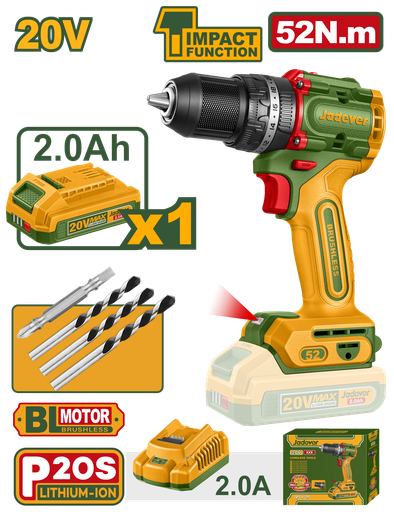 [JDCDP5282] Furadeira de Impacto JADEVER sem Fio 20V - Motor Brushless 52Nm com Bateria e Carregador