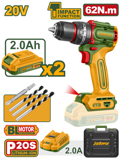 [JDCDP6281] Furadeira de Impacto JADEVER 62Nm Brushless 20V - Kit com 2 Baterias 2,0Ah e Estojo de Transporte