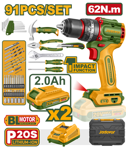 [JDDT4B91] Kit Furadeira de Impacto JADEVER 62Nm Brushless 20V - 91 Peças com 2 Baterias 2,0Ah e Estojo