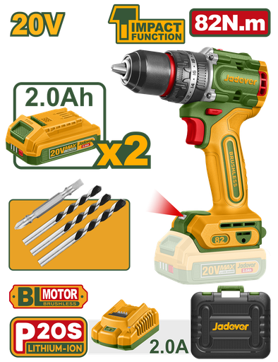[JDCDP8285] Furadeira de Impacto 82Nm Brushless 20V - Kit com 2 Baterias 2,0Ah e Estojo de Transporte