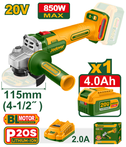 [JDLAP5421] Esmerilhadora Angular JADEVER 20V 850W - 115mm Motor sem Escovas com Bateria 4,0Ah