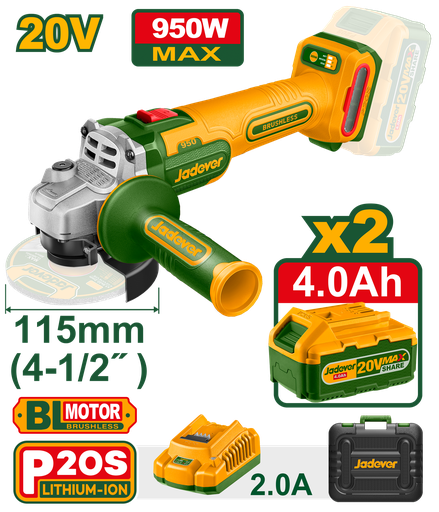 [JDLAP5322] Esmerilhadora Angular JADEVER 20V 950W - 115mm Motor sem Escovas com 2 Baterias 4,0Ah