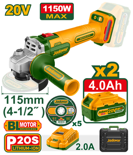 [JDLAPB522] Esmerilhadora Angular 20V 1150W - 115mm Motor sem Escovas com 2 Baterias 4,0Ah e Discos de Corte