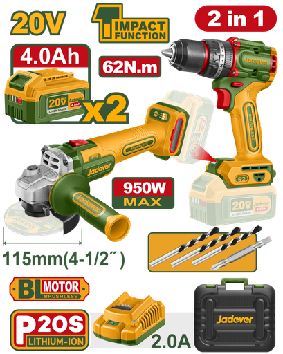 [JDCK20273] Kit Furadeira de Impacto 62Nm + Esmerilhadora Angular 950W 20V - Motor Brushless com 2 Baterias 4,0Ah