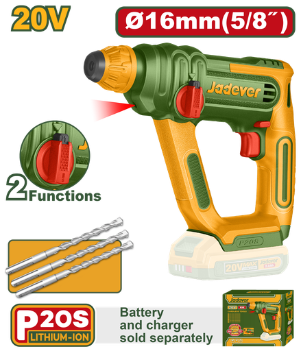 [JDLM1516] Martelo Rotativo Sem Fio 16mm 20V Sem Bateria - SDS Plus com 1,5J e Luz LED