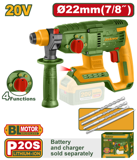 [JDLM15220] Martelo Rotativo JADEVER sem Fio 22mm 20V Sem Bateria - SDS Plus Motor sem Escovas 2,0J