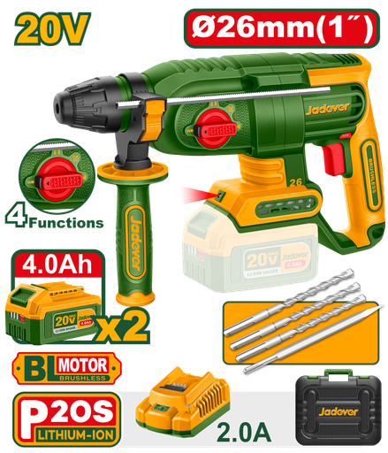 [JDLM1B262] Martelo Rotativo JADEVER sem Fio 20V - Motor Brushless 2,5J com 2 Baterias 4,0Ah e Maleta
