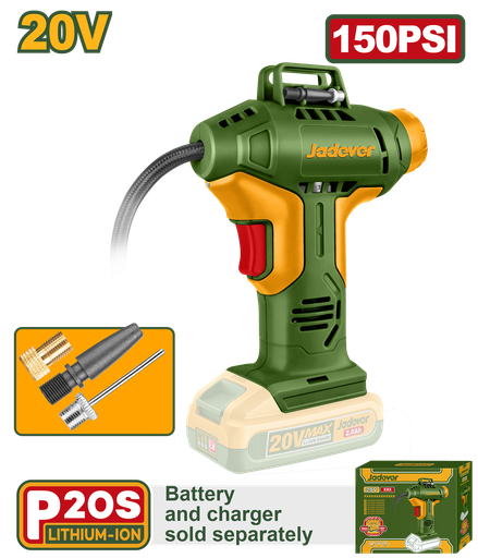 [JDLN2520] Compressor de Ar Automático sem Fio 20V - 150 PSI com 3 Adaptadores