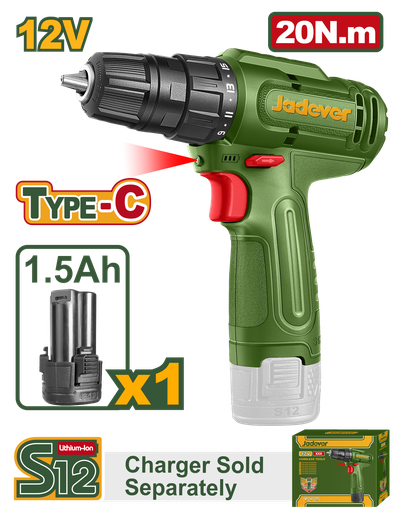 [JDCDS518] Furadeira sem Fio JADEVER 12V - 20Nm com Bateria e Carregamento USB-C