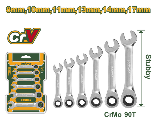 [JDSP6406] Jogo de Chaves Combinadas Curtas com Catraca - Jadever - 6 Peças 8-17mm - Trinquete 90 Dentes Cr-Mo