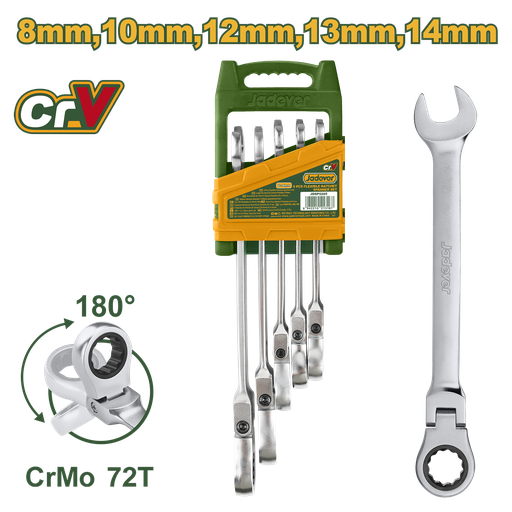 [JDSP5205] Jogo de Chaves Combinadas com Catraca Flexível - Jadever - 5 Peças 8-14mm - Cabeça Pivotante 180°