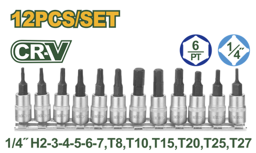 [JDST2414] Jogo de 12 Peças de Soquetes 1/4" - Pontas Hex e Torx com Acabamento Cromado