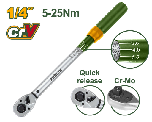 [JDWQ1D14] Torquímetro 1/4" 5-25Nm - Jadever - Acionamento 1/4" com Liberação Rápida e Precisão ±4%