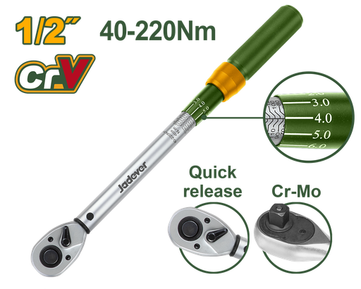 [JDWQ1D12] Torquímetro 1/2" 40-220Nm - Jadever - Acionamento 1/2" com Precisão ±4%